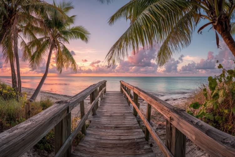 boardwalk toward the beach in Key West, FL at sunset